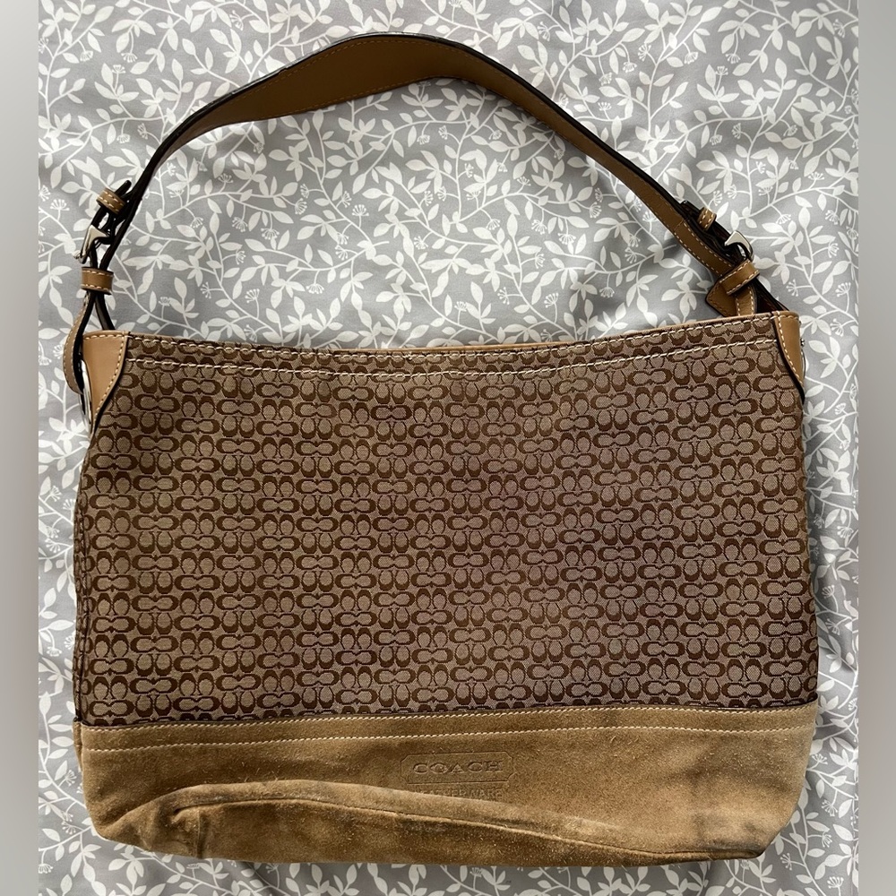 Coach Tan and Brown Signature Suede Hobo Shoulder Bag